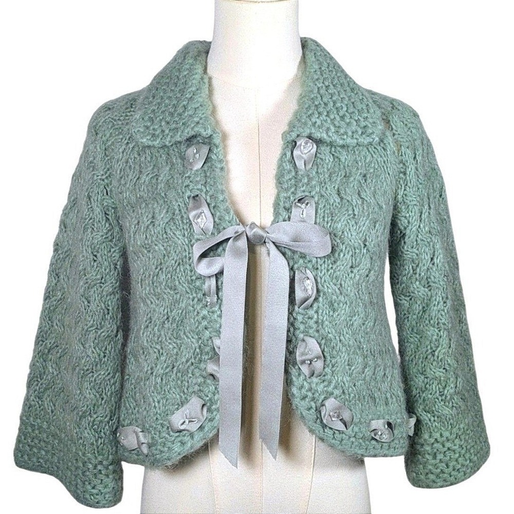 Vintage balletcore Y2K Rebecca Taylor Mohair Pastel Knit Cropped Cardigan Ribbon
